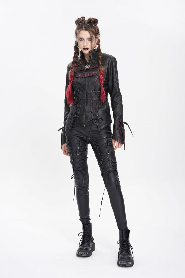 Black Pentacle Lace-Up Buckle Women's Punk Jacket