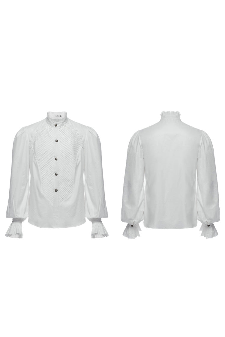 White Stand Collar Long Puff Sleeves Crochet Men's Gothic Blouse