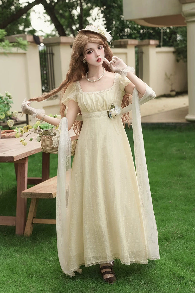 Yellow Square Collar Short Sleeves Jacquard Ruffled Lace Sweet Elegant Lolita Dress