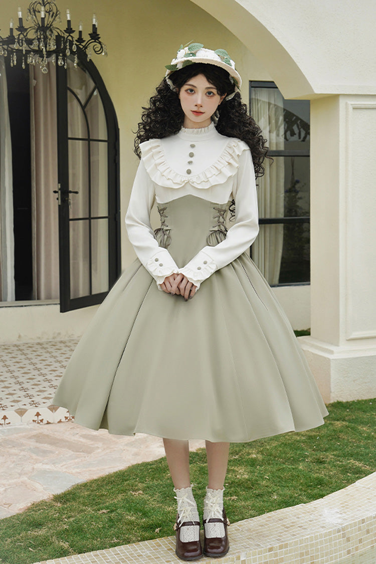 White/Green [Wind Garden] Stand Collar Ruffle Lace-Up Color Matching Fake Two Pieces Classic Vintage Lolita Dress