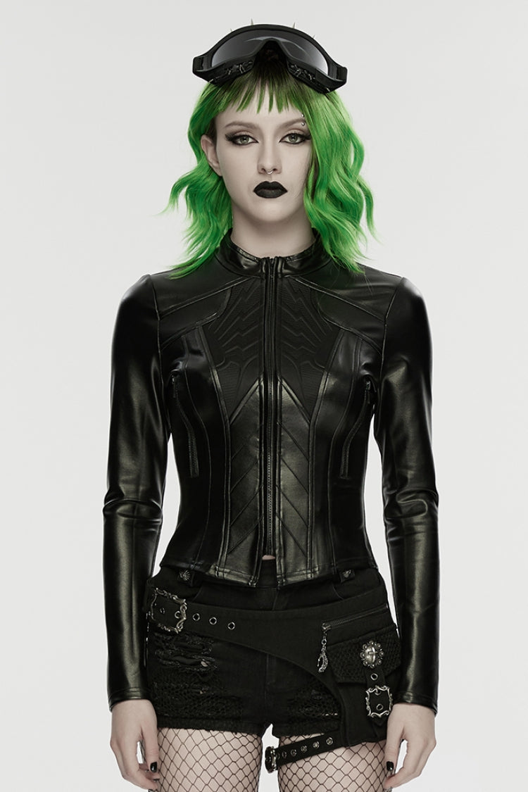 Veste Punk noire à col montant et manches longues en relief pour femmes