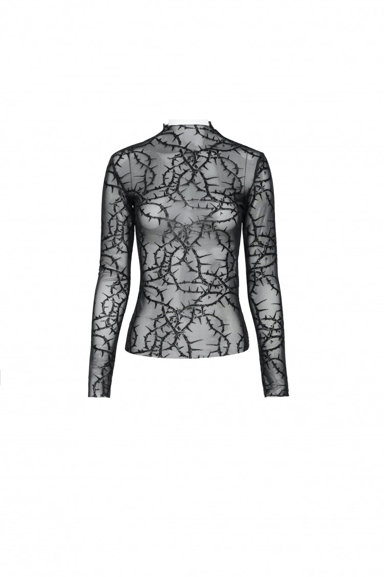 Schwarzes Thorny Vine Flocked Sheer Mesh Langarm-Slim-Fit-Gothic-Top für Damen mit Stehkragen