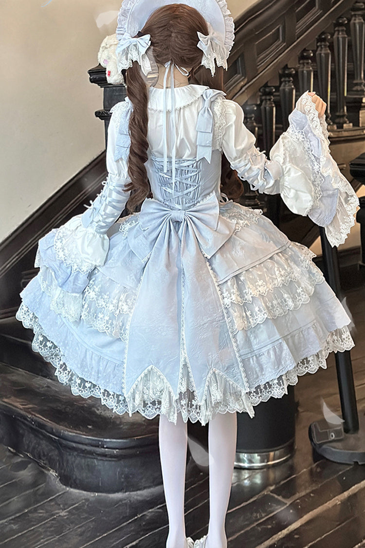 [Sakura Love] Multi-Layered Jacquard Ruffle Embroidery Cardigan Bowknot Lace Sweet Gorgeous Lolita Jsk Dress 2 Colors