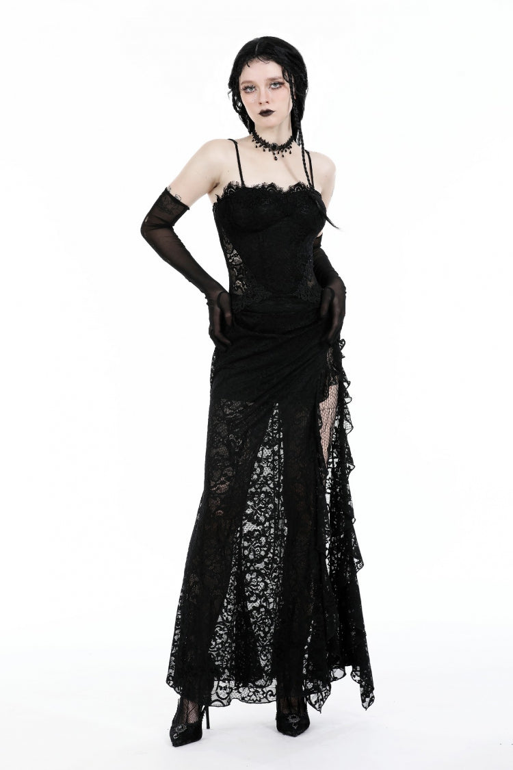 Robe de mariée gothique noire à lacets et dentelle à volants sans manches avec fente latérale pour femmes
