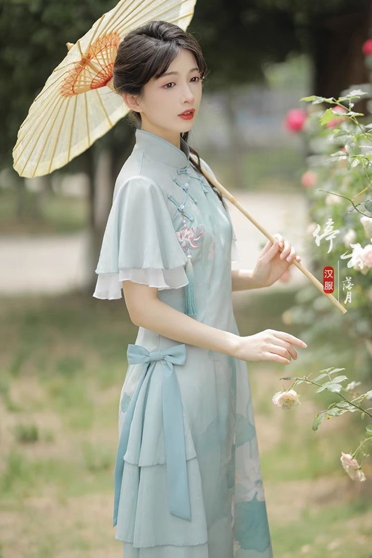 Green Ruffle Short Sleeves Lotus Print Sweet Cheongsam Hanfu Dress