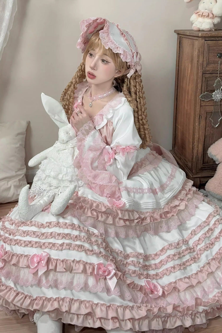 Robe Sweet Lolita en dentelle à nœud à volants à manches courtes [Glace à la pêche en couches] blanc/rose 