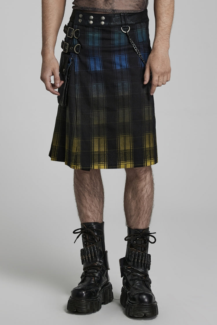 Plaid Print Gradient Stitching Adjustable Waist Men's Steampunk Skirt 2 Colors