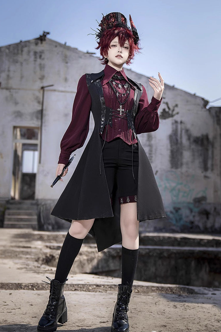 Red Lapel Collar Long Sleeves Embroidery Slim Gothic Vintage Prince Ouji Lolita Blouse