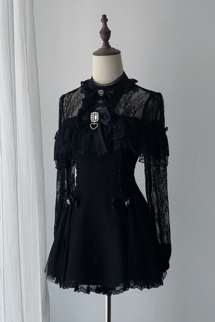 Schwarzes [Spitzenpuppe] Rundkragen, lange Ärmel, Rüschen, Ausschnitt, bestickte Schleife, Spitze, Gothic-Jirai-Kei-japanisches Kleid
