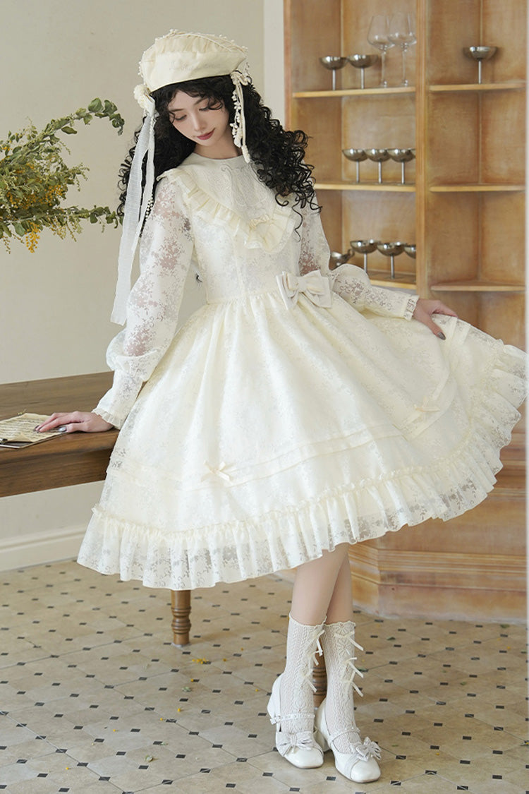 Ivory [Flower Sound] Long Sleeves Ruffle Cardigan Bowknot Lace Sweet Lolita Dress