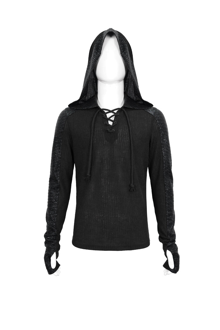 Black Trendy Dark Tether V-Neck Panel Knit Hooded Men's Punk T-Shirt