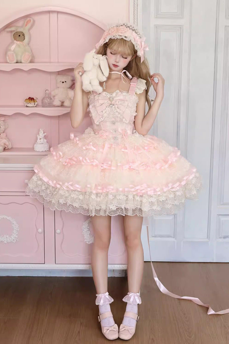 Pink [Rose Feather Waltz] Sleeveless Triple-Layered Ruffle Bowknot Lace Sweet Ballet Lolita Jsk Dress