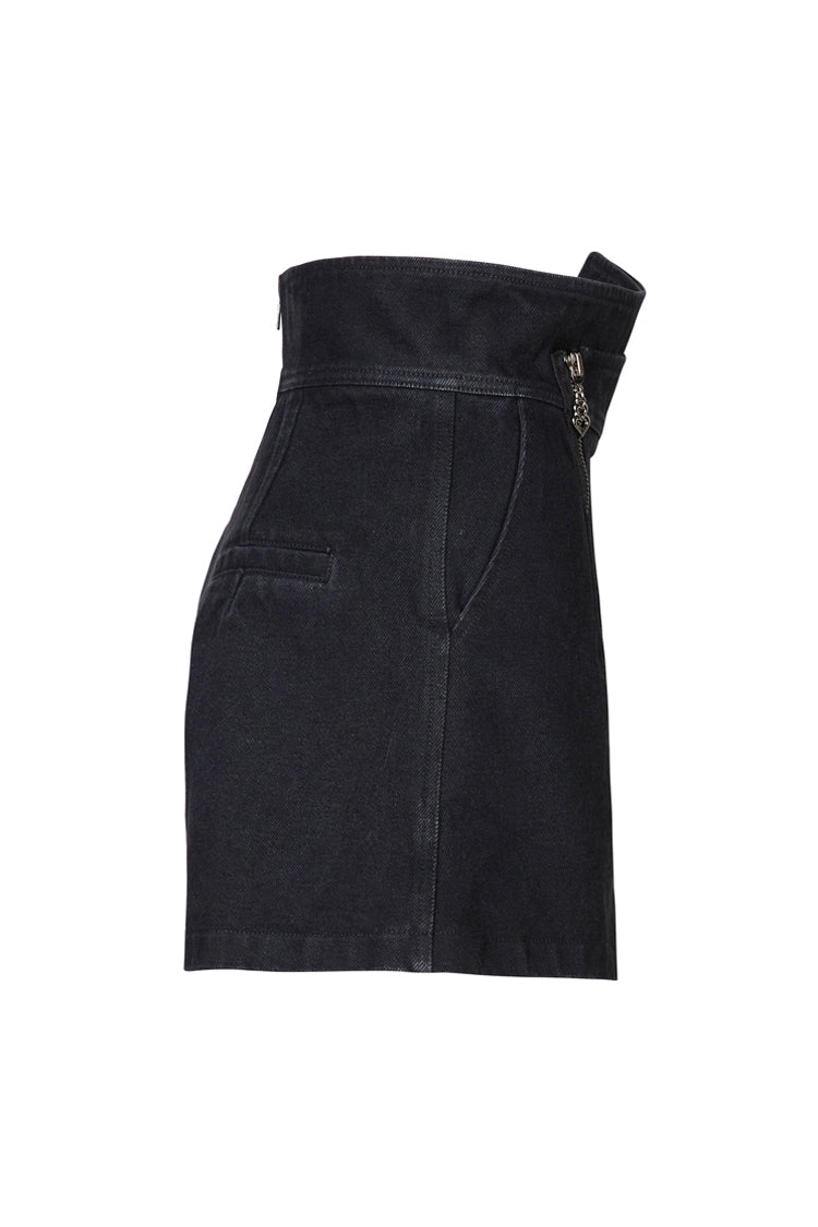 Schwarzer Metallreißverschluss, hohe Taille, unregelmäßiger Saum, Punk-A-Linien-Shorts für Damen