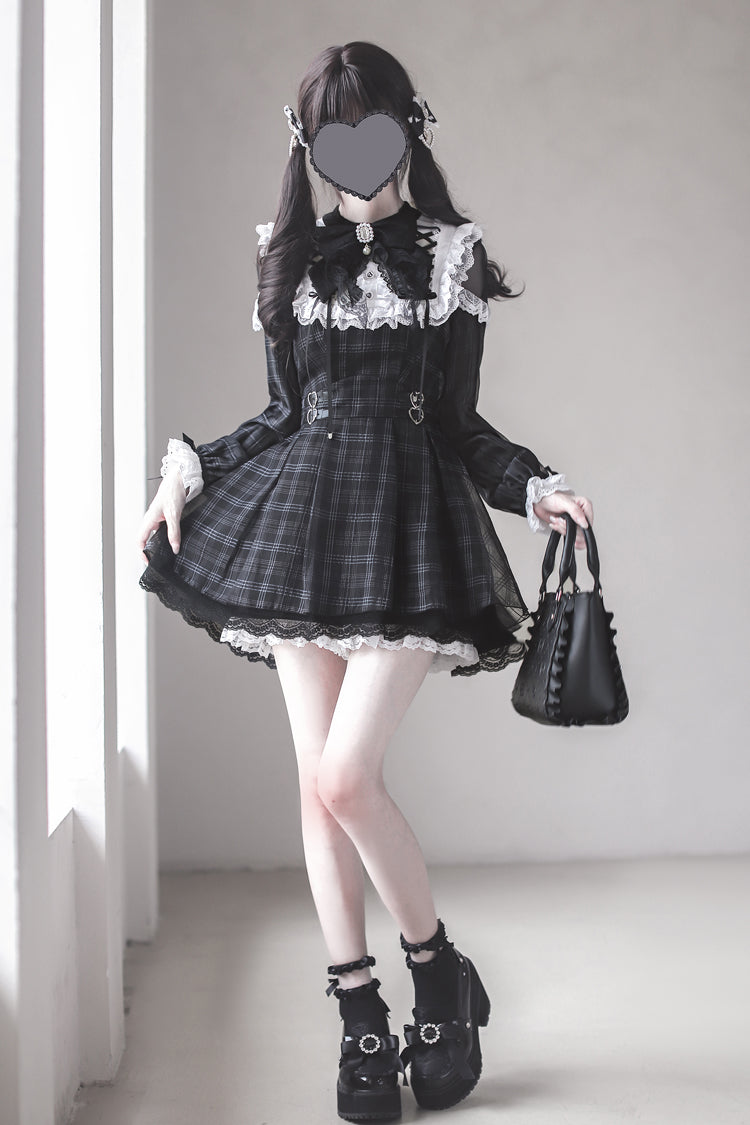 Black [Angel Heartbeat] Long Sleeves Plaid Print Ruffle Bowknot Lace Sweet Jirai Kei Japanese Dress
