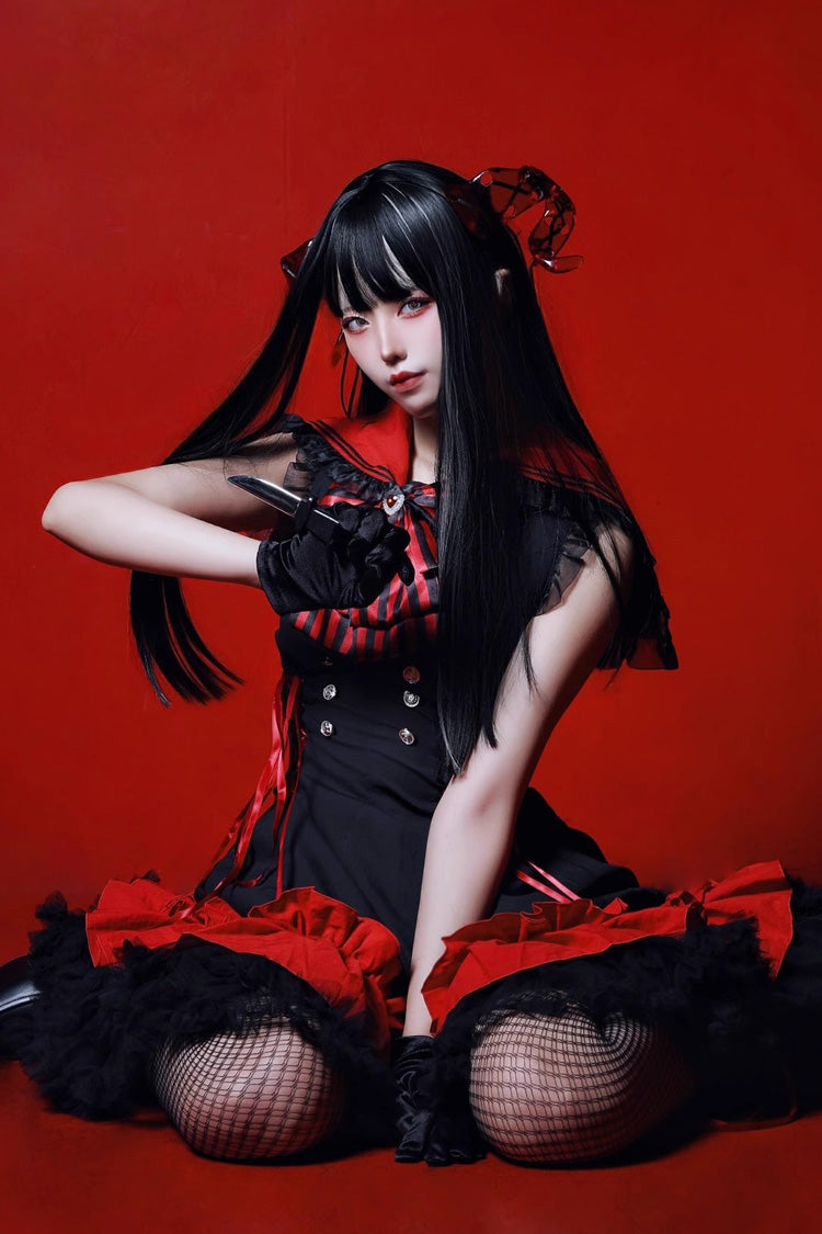 [Magical Girl] Doll Navy Collar Ruffle Bowknot Gothic Jirai Kei Japanese Dress 2 Colors