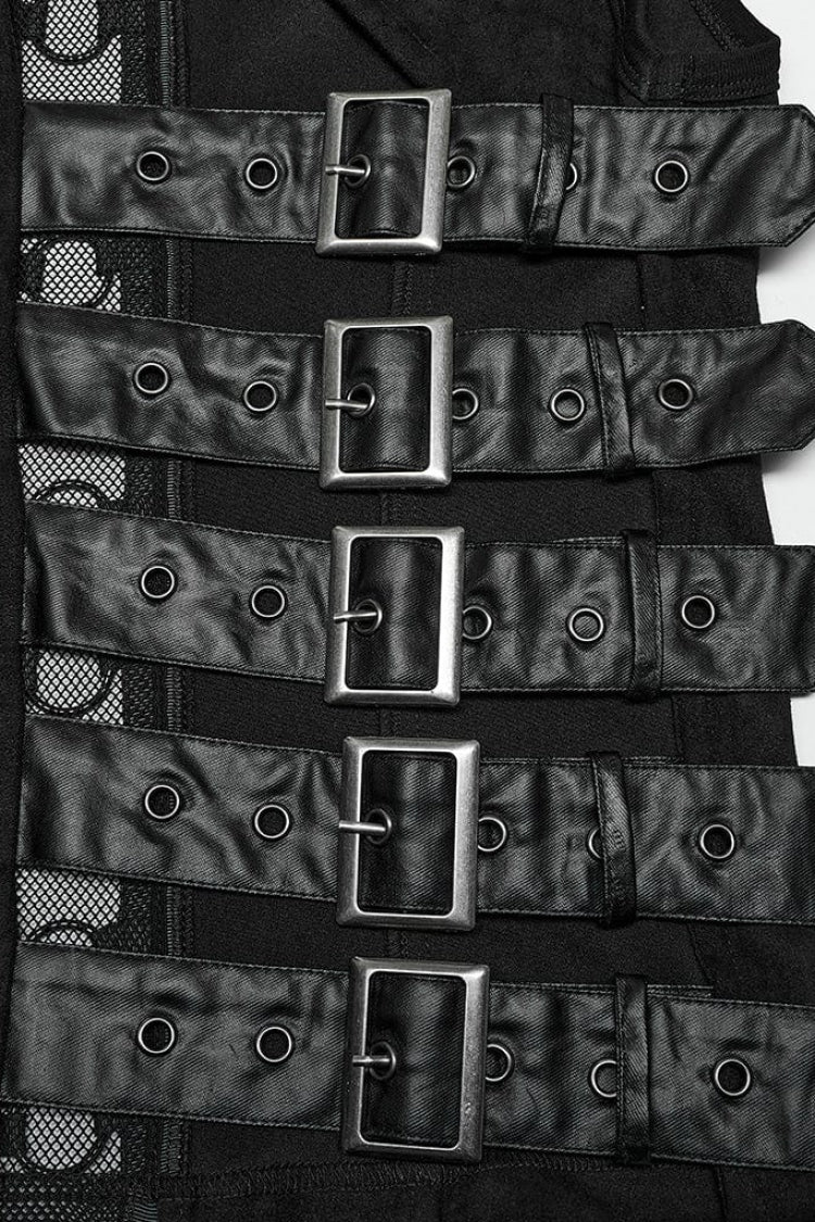 Black Sleeveless Hollow Suede Leather Stitching Irregular Mens Gothic Vest
