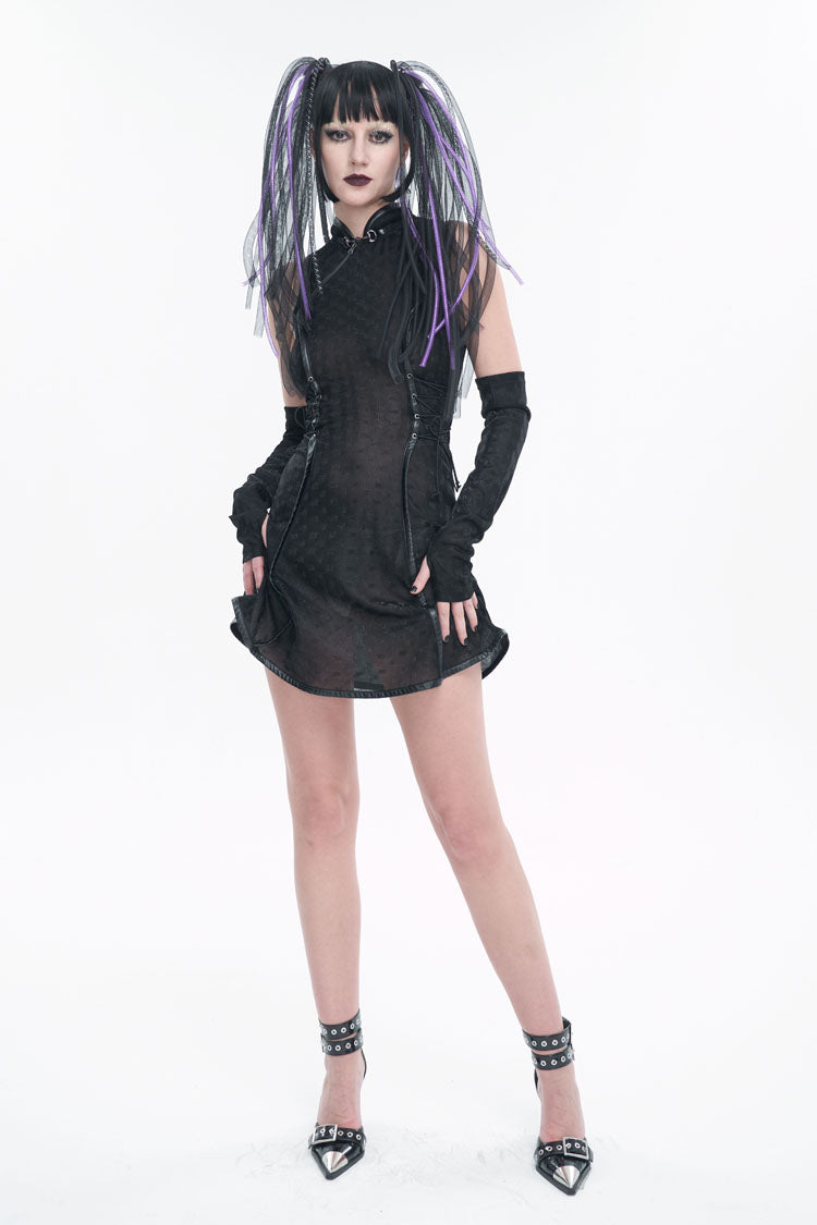 Black Laminated Stretch Cheongsam Collar Sleeveless Short Women's Punk Dress