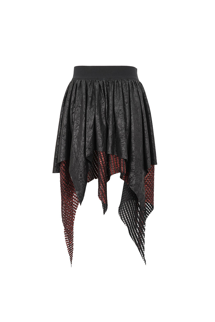 Red/Black Lrregular Mesh Splice Buckle Women's Gothic Skirt