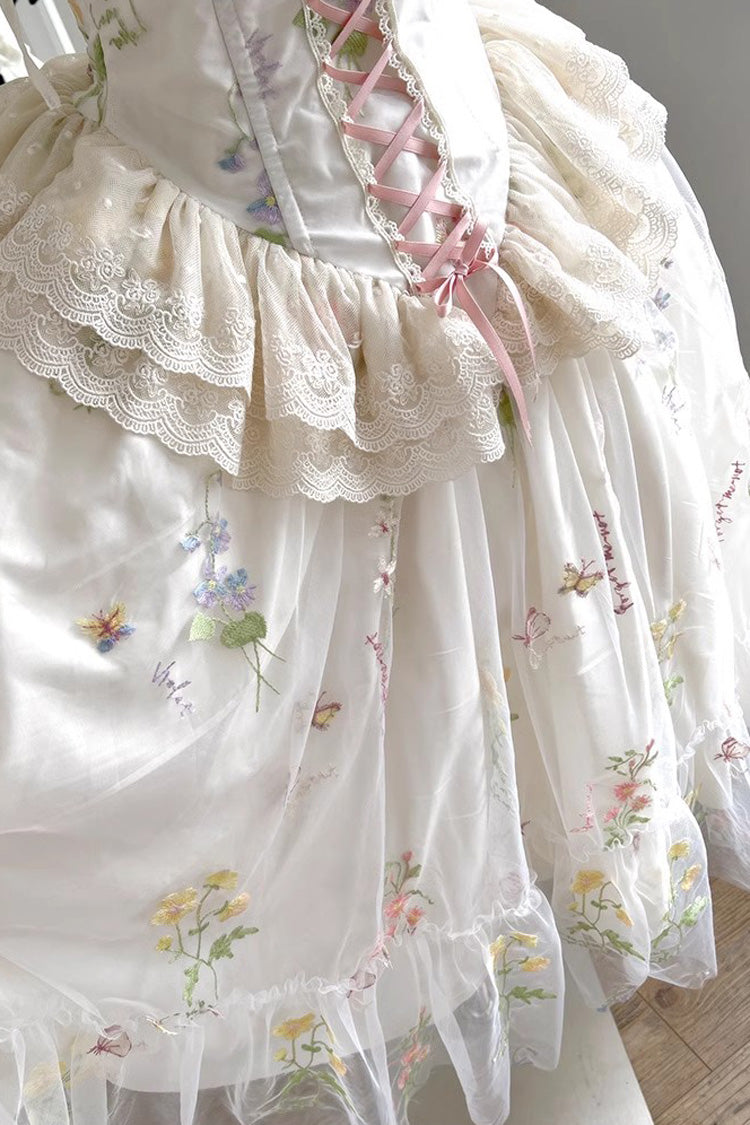Off White Spring Bouquets Romantic Ruffle Embroidery Bowknot Mesh Sweet Lolita Jsk Dress