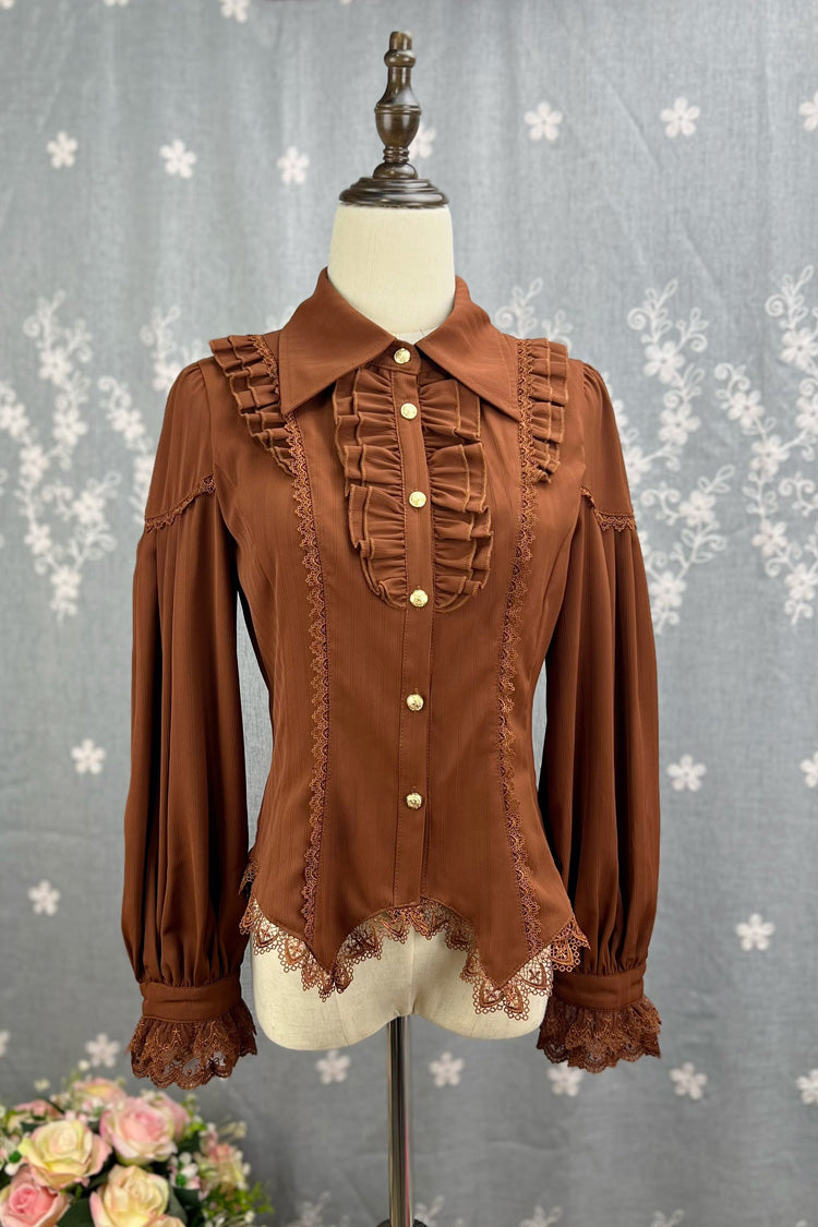 [Späte Nacht] Reverskragen Langarm Rüschen Spitze Schlanke Süße Lolita Bluse 6 Farben 