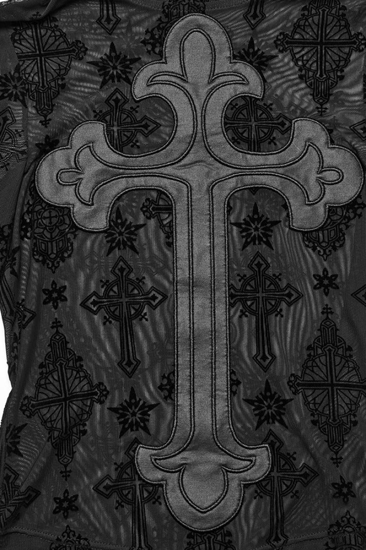 Black Stand Collar Long Sleeves Star Cross Embroidery Sheer Mesh Women's Gothic T-Shirt