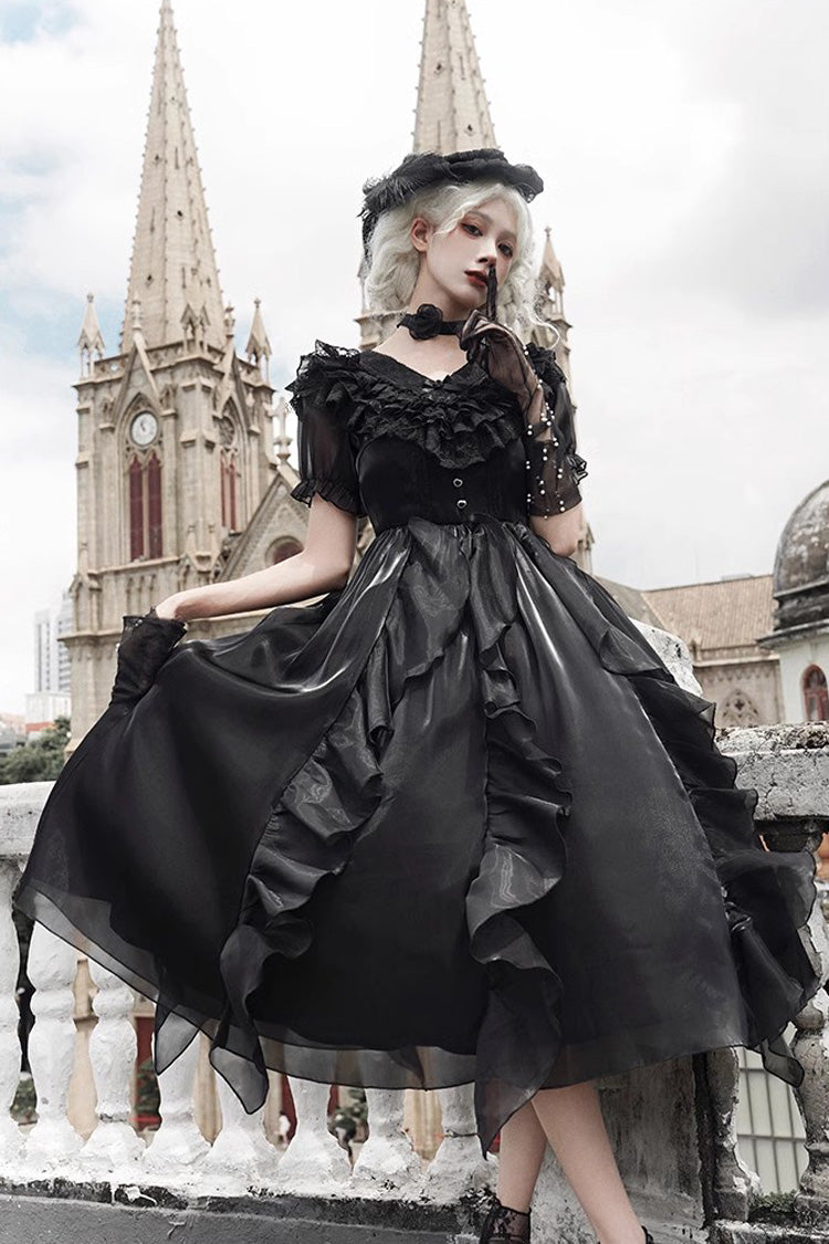 Black V-Neck Lace Cla Daily Short Puff Sleeves Gothic Lolita Dress