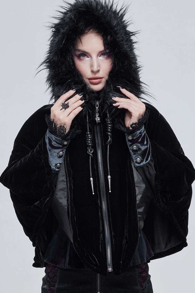 Black Gothic Velvet Collar Crescent Pendant Zipper Warm Short Women's Shawl