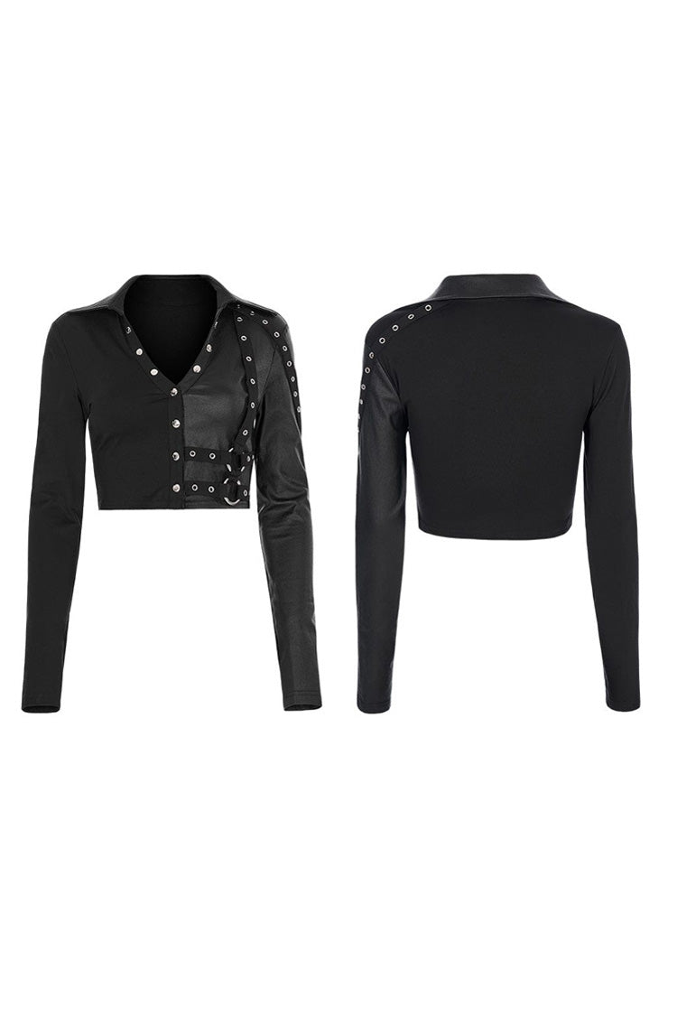 Schwarzer Gothic-Pullover mit supercoolem Slim Fit und Trägern, sexy, kurzer Pullover, langärmelig, Polo-T-Shirt für Damen