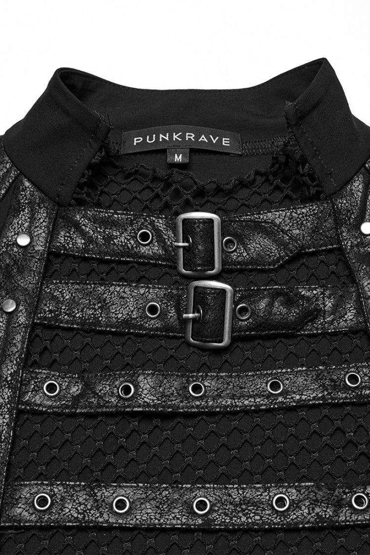 Black Sleeveless Stitching Mesh Eyelet Straps Men's Punk Vest
