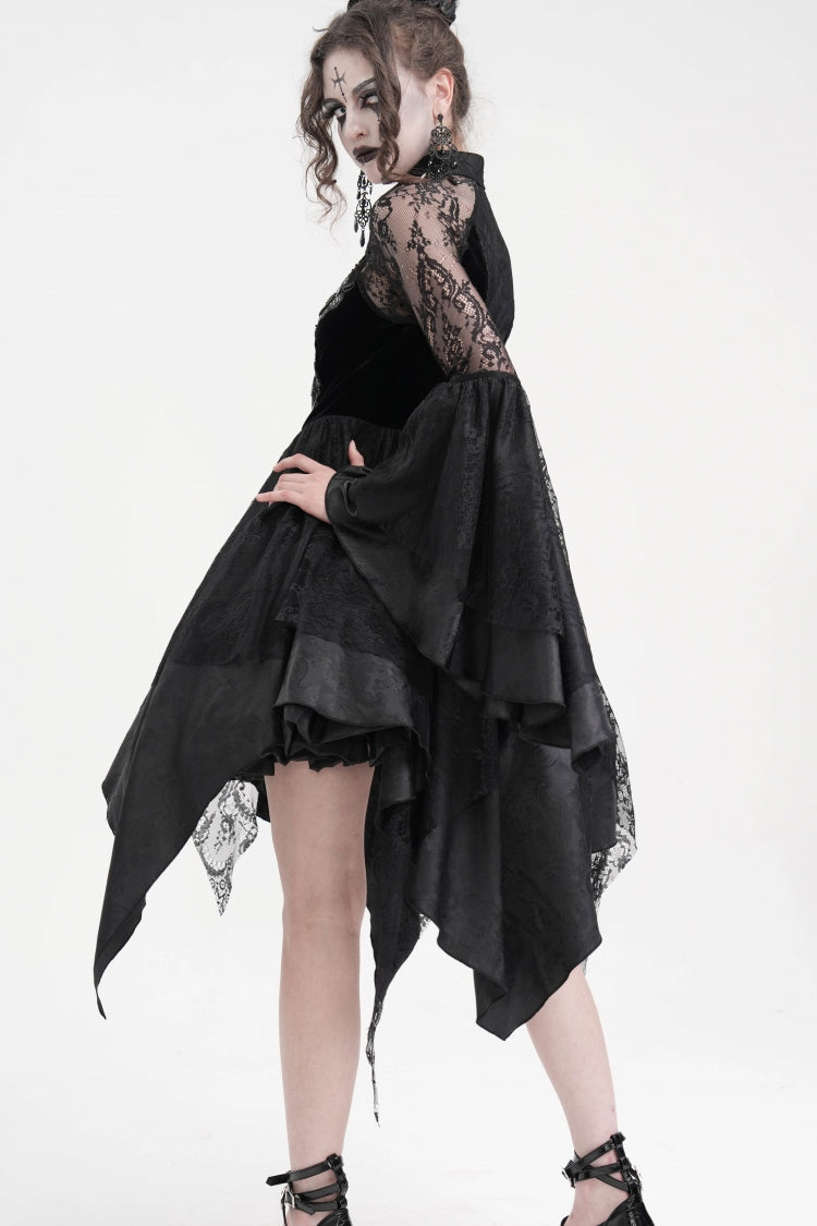 Schwarzes Gothic-Kleid mit langen Ärmeln, Stickerei, Spitze, Schnürung, unregelmäßigem transparentem Netzstoff für Damen