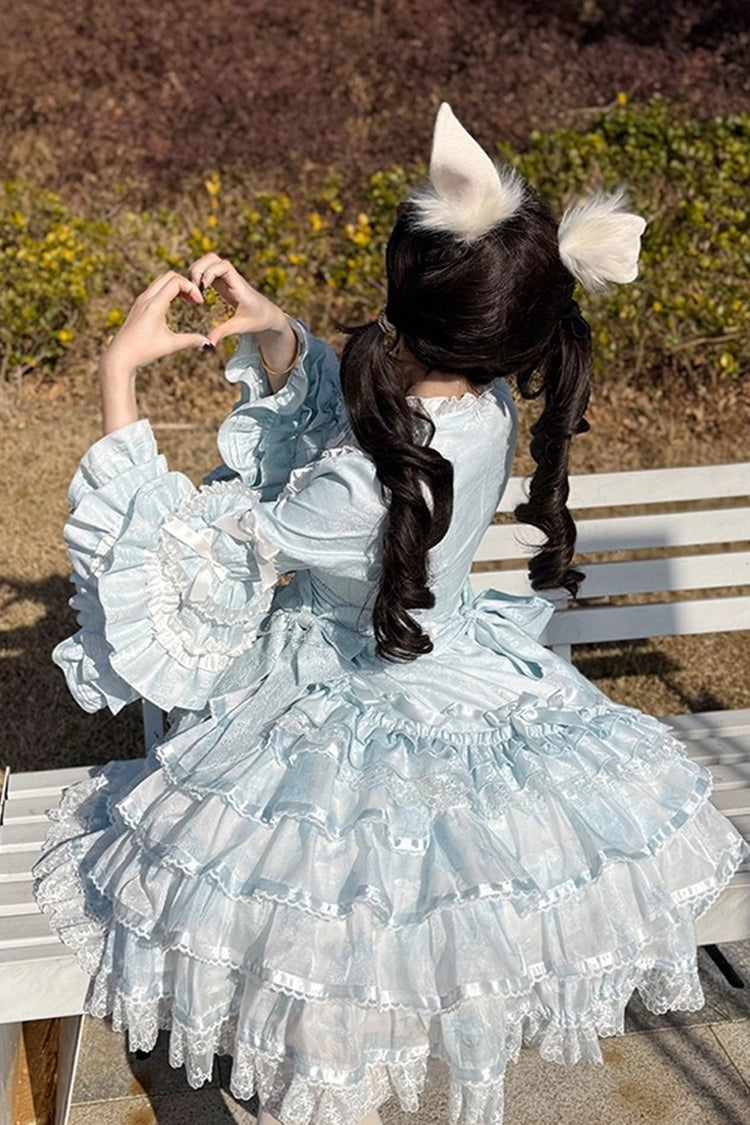 Blue [The Soloist Doll] Long Hime Sleeves Multi-Layered Print Ruffle Bowknot Asymmetric Sweet Lolita Dress