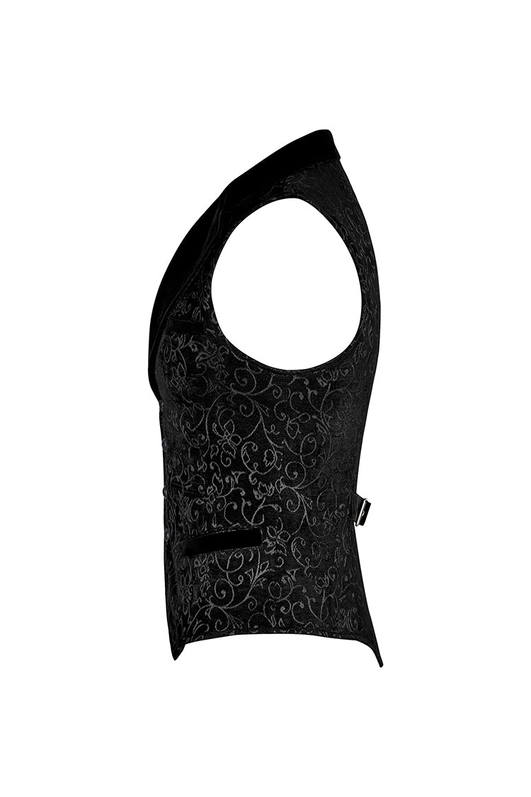 Black Jacquard Velvet Gothic Vintage V Collar Print Mens Vest