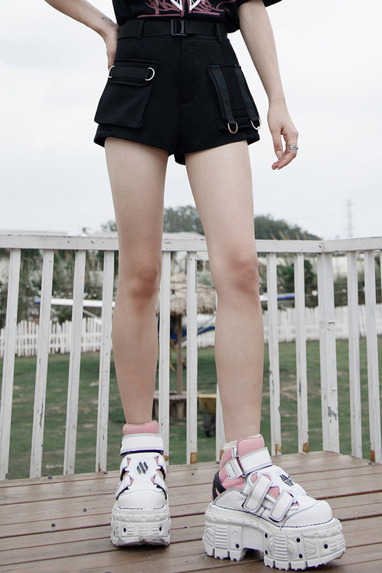 Schwarzer Verschlussgürtel, mehrstufige Taschenbanddekoration, hohe Taille, Punk-Shorts für Damen