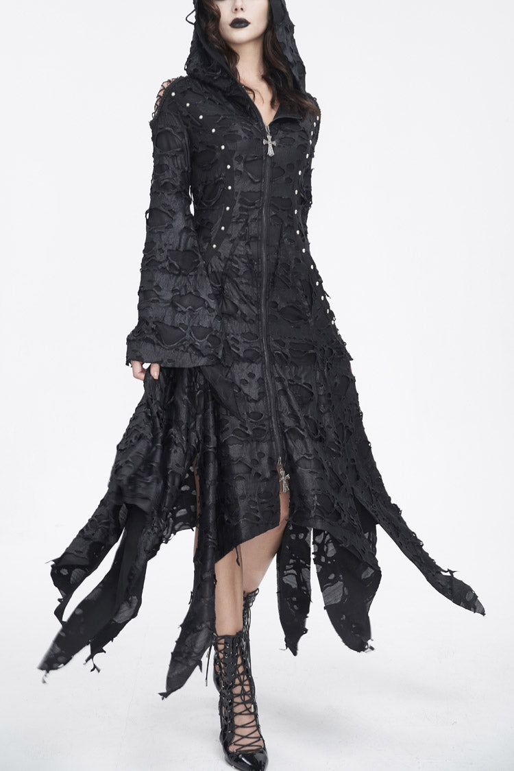 Black Long Trumpet Sleeves Irregular Hooded Womens Gothic Dress