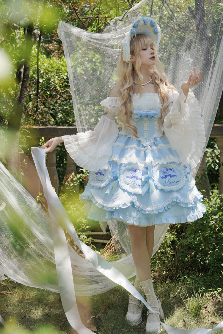 Blue [Butterfly Dream] Multi-Layered Print Ruffle Bowknot Sweet Princess Lolita Jsk Dress