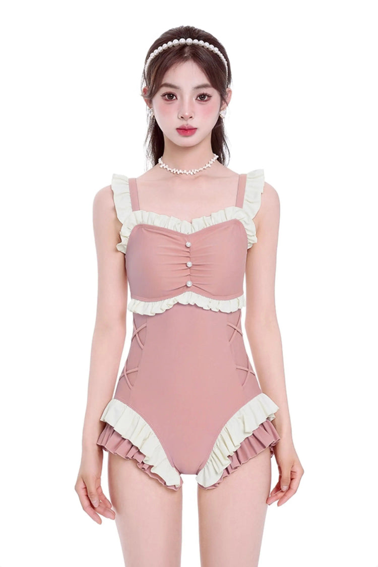 Pfirsichrosa, ärmelloser, doppellagiger, gekräuselter, mit Perlen verzierter Sweet-Lolita-Badeanzug mit quadratischem Kragen und Schnürung