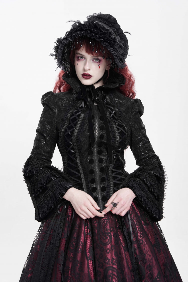 Black Lapel Collar Long Trumpet Sleeves Ruffle Lace-Up Zipper Women's Gothic Jacket