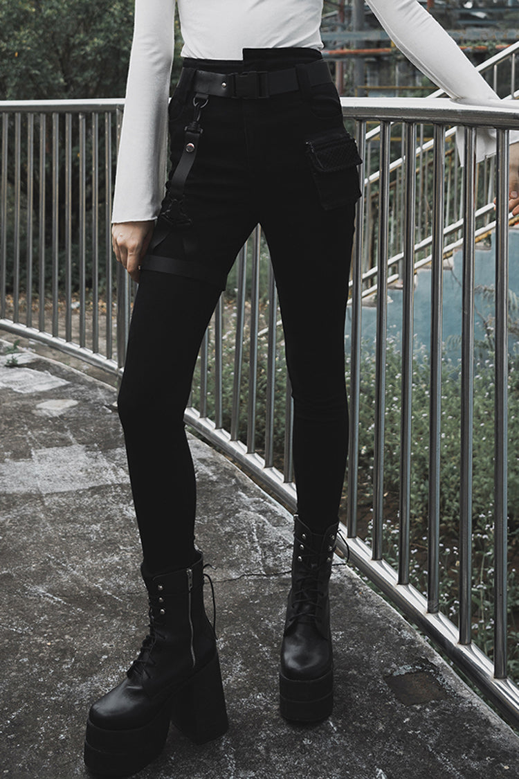 Schwarze, abnehmbare Skinny-Jeans aus Loop-Denim für Damen im Steampunk-Stil