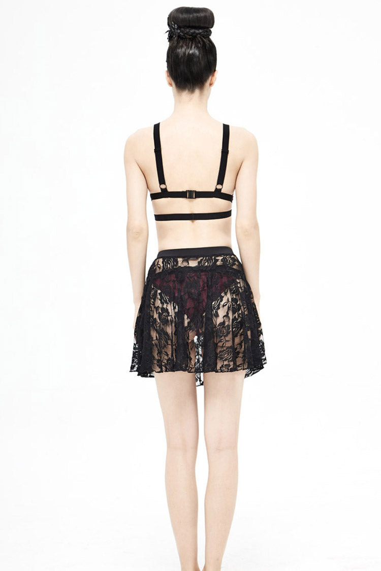 Black Lace Rose Mesh A-Line Women's Gothic Swimsuit Skirt