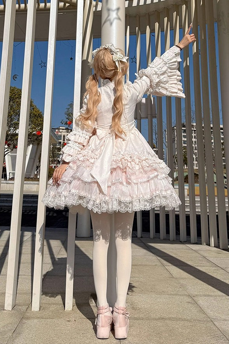 Pink [The Soloist Doll] Long Hime Sleeves Multi-Layered Print Ruffle Bowknot Asymmetric Sweet Lolita Dress