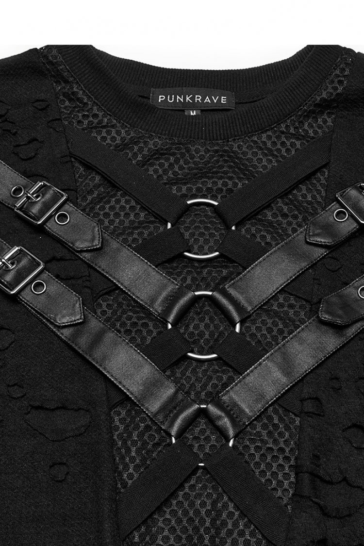Black Short Sleeves Stitching Mesh Ripped Strap Men's Punk T-Shirt