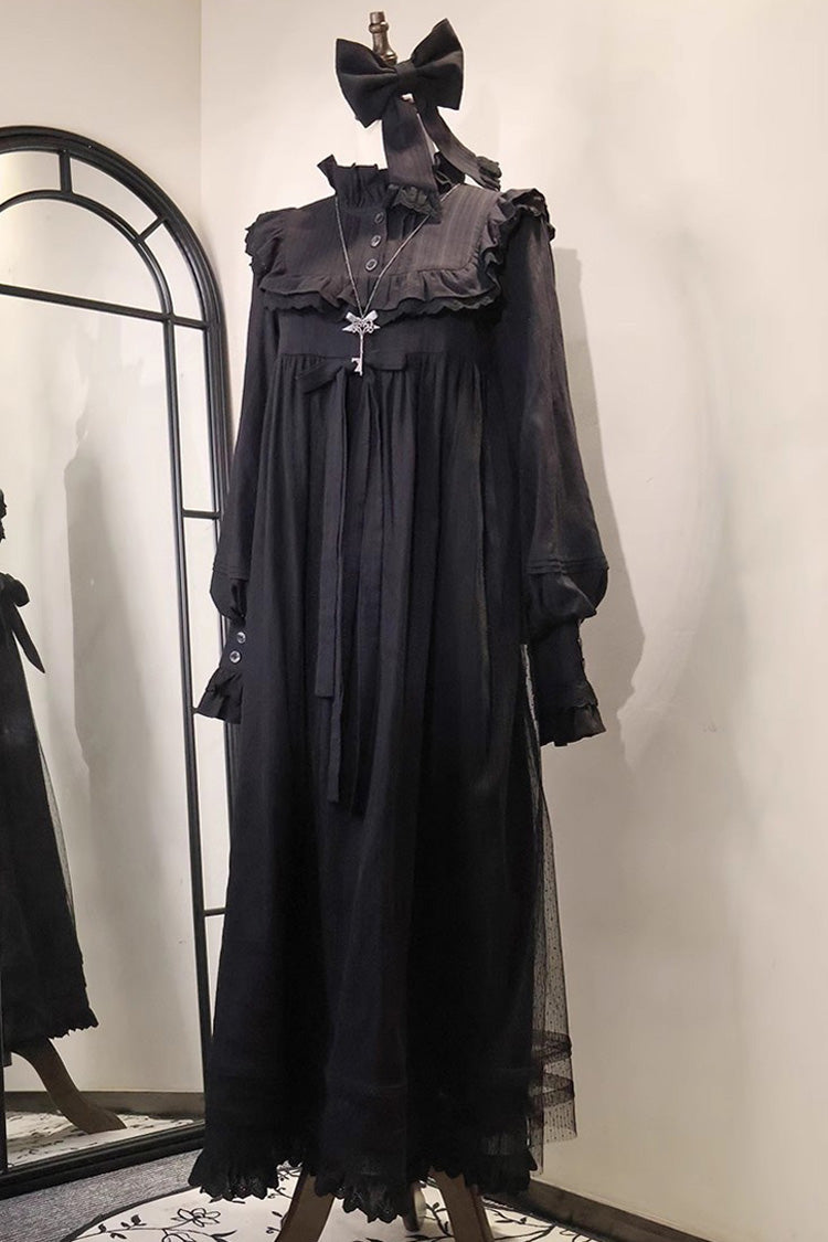 Chemise de Nuit Gothique Lolita à Manches Longues Noires avec Volants et Nœud en Dentelle 
