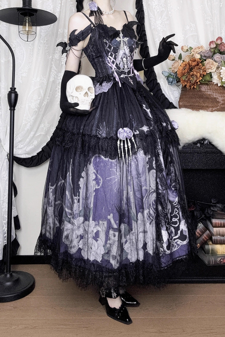 Black/Blue [Skull Magic] Print Ruffle Bowknot Gothic Elegant Lolita Skirt Two-Piece Set