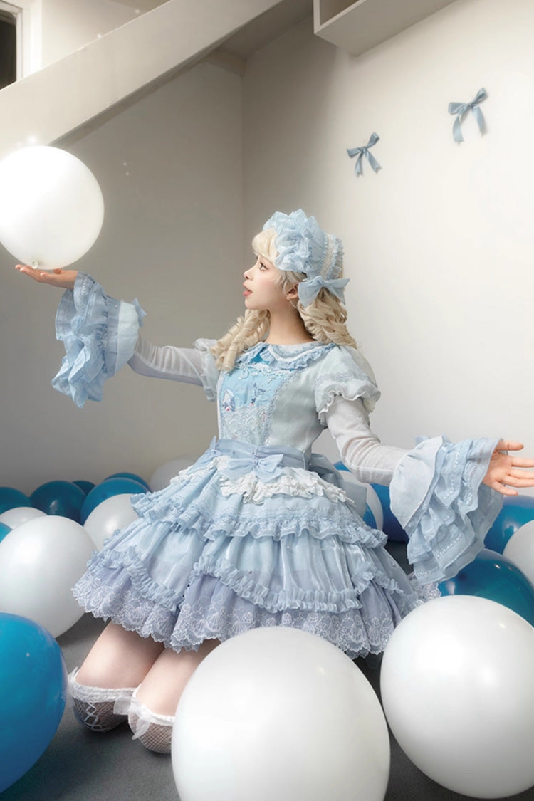 Robe Lolita douce à volants triples brodés à manches courtes avec col à revers bleu [baleine] 