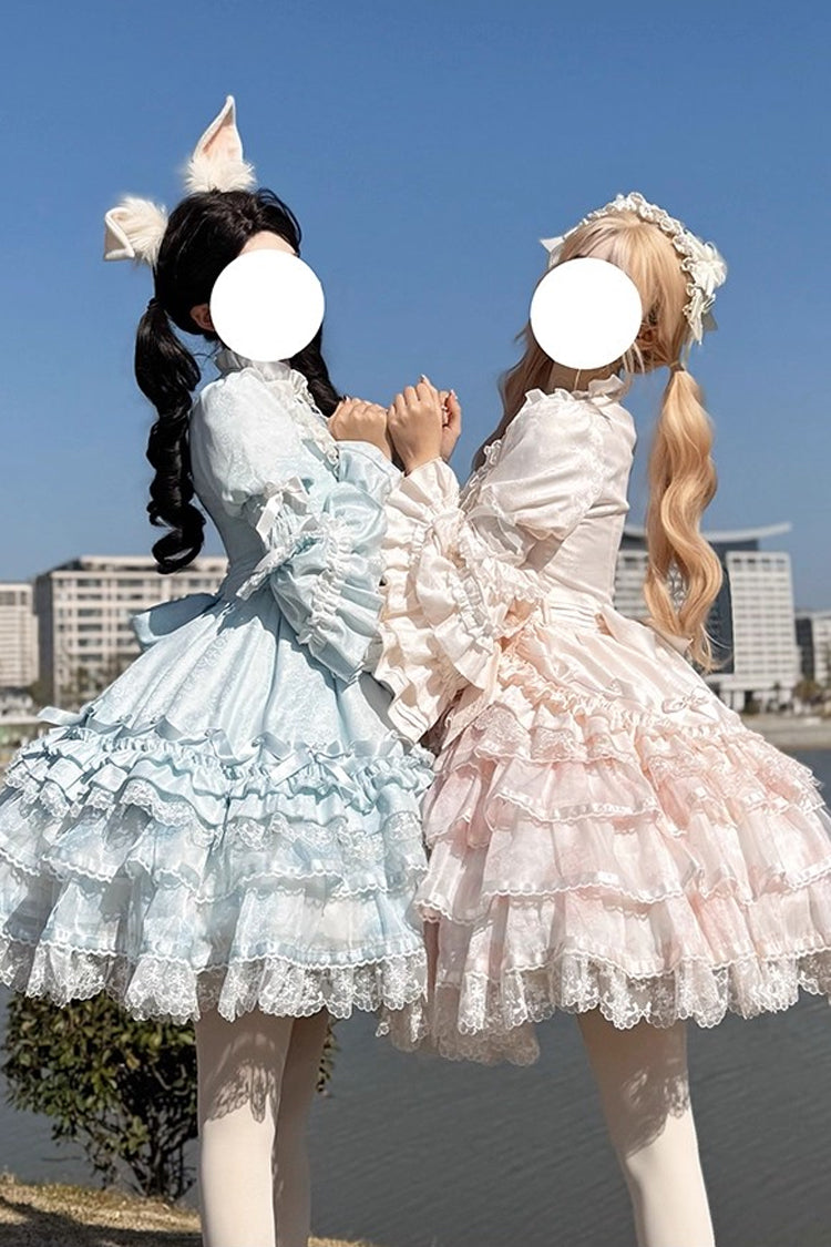 Pink [The Soloist Doll] Long Hime Sleeves Multi-Layered Print Ruffle Bowknot Asymmetric Sweet Lolita Dress