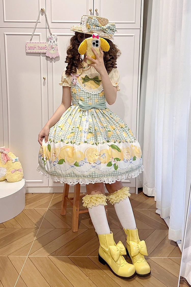 Green [Lemon Chicken] Print Ruffle Bowknot Lace Sweet Lolita Jsk Dress