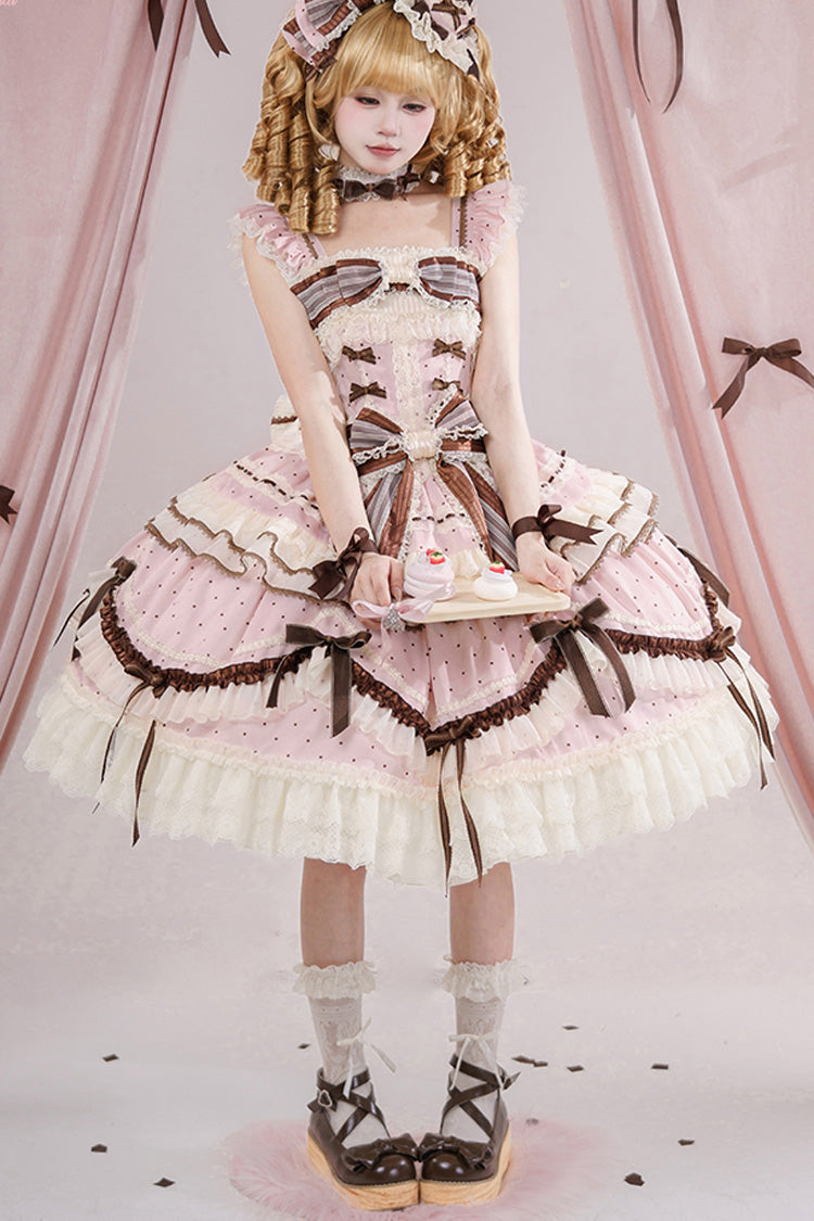 Pink [Shengqiao Tata] Sleeveless Print Ruffle Bowknot Lace-Up Sweet Elegant Lolita Jsk Dress