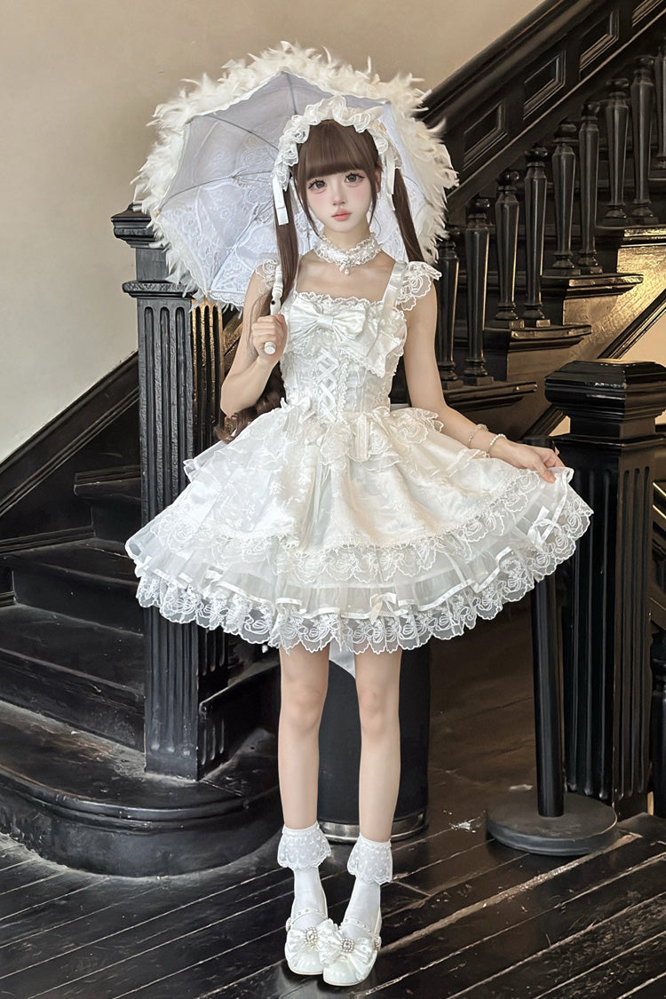 Robe Jsk Lolita Ballet Douce Slim en Dentelle à Volants sans Manches avec Nœud Papillon Blanche [Fleishi Island] 