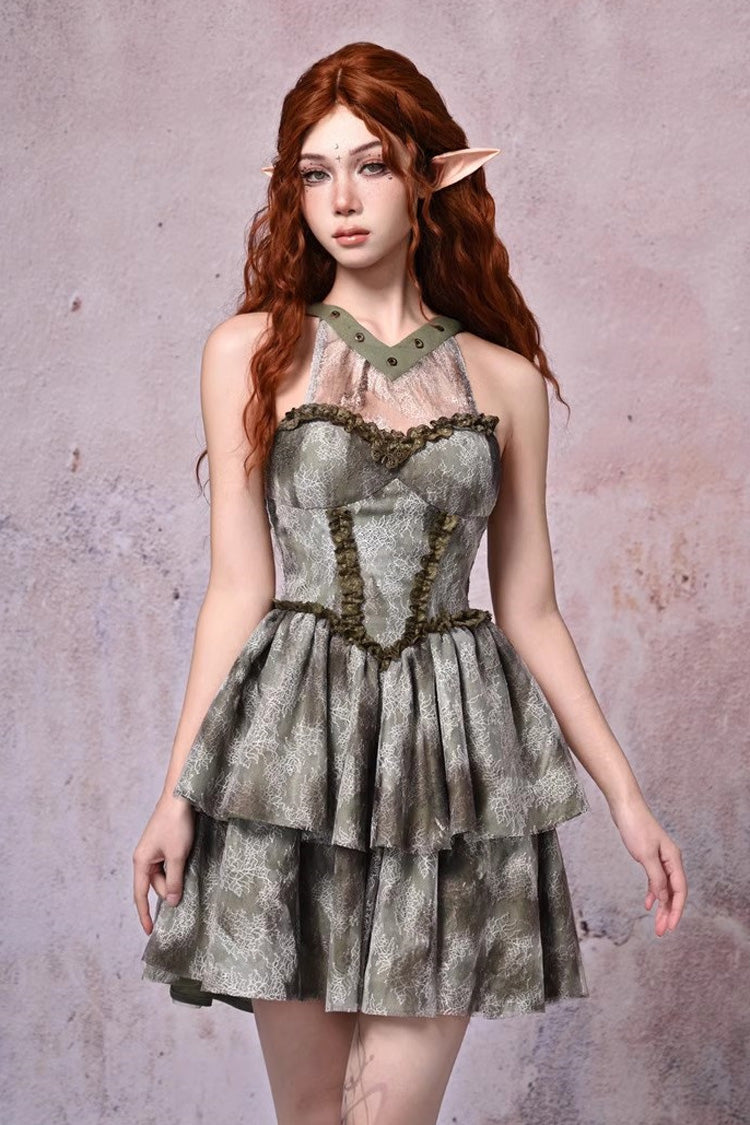Light Green Halterneck Double-Layered Print Ruffle Lace Tie-dyed Vintage Jsk Dress