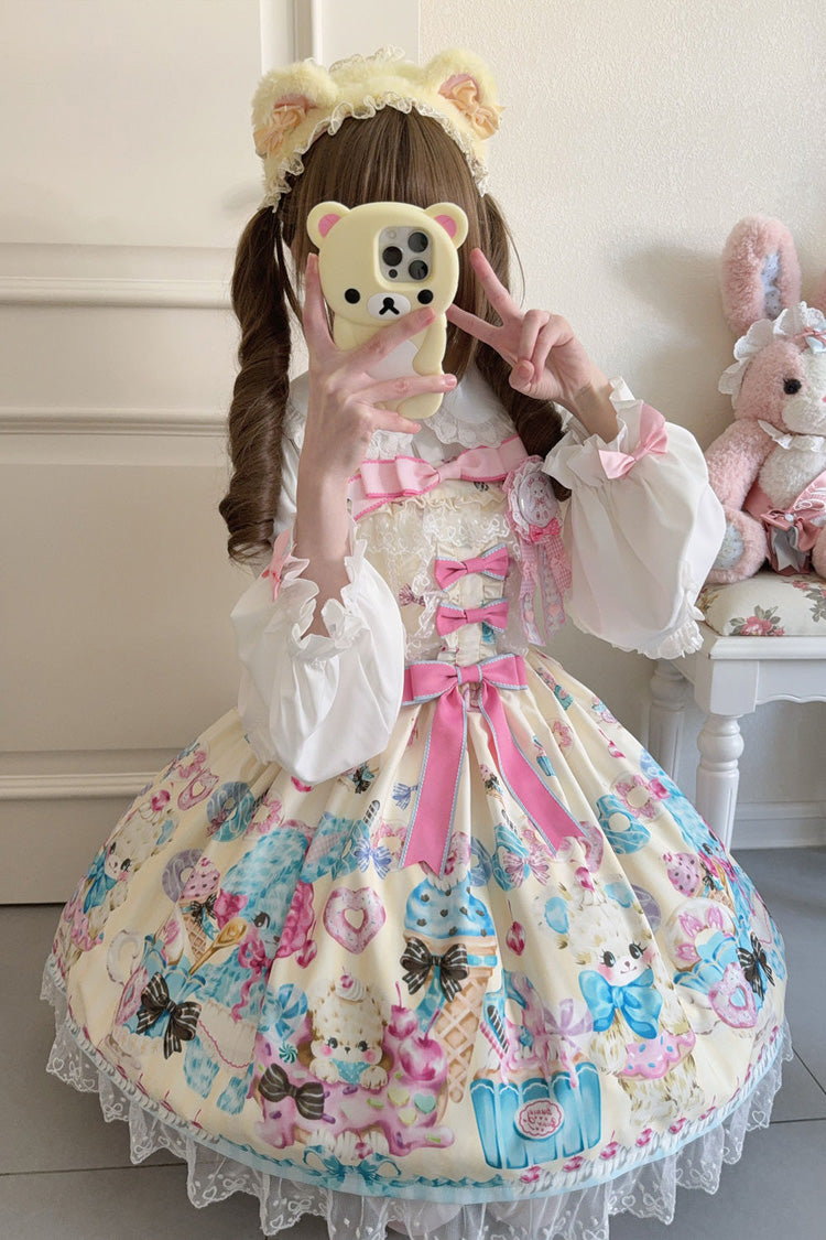 Yellow [Floral Whisper] Bear Print Ruffle Bowknot Lace Sweet Princess Lolita Jsk Dress